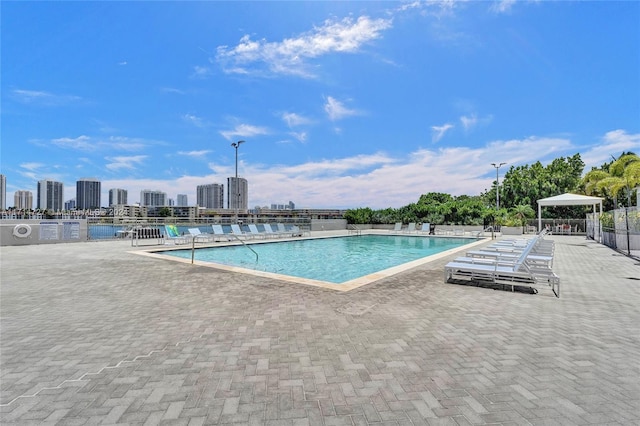 view of swimming pool featuring a patio