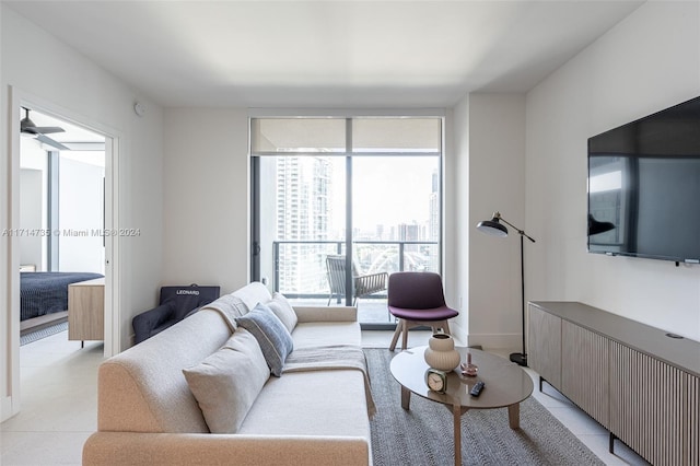 living room featuring ceiling fan