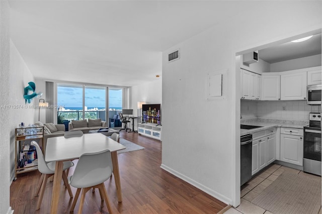 kitchen with white cabinetry, stainless steel appliances, tasteful backsplash, electric panel, and hardwood / wood-style flooring