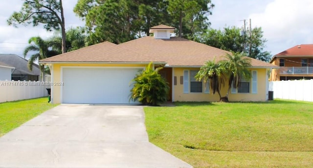 ranch-style home featuring a garage and a front yard