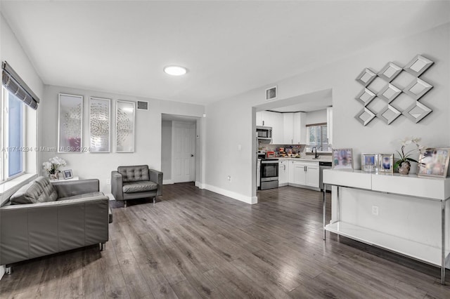 living room with dark hardwood / wood-style floors and sink