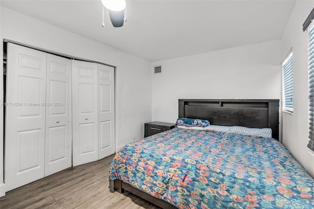 bedroom featuring ceiling fan, a closet, and wood-type flooring