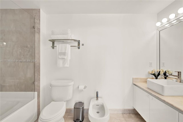 full bathroom with vanity, a bidet, tiled shower / bath, tile patterned flooring, and toilet