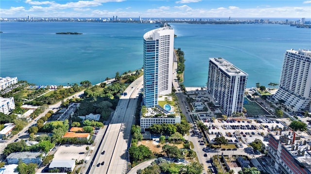 drone / aerial view with a water view