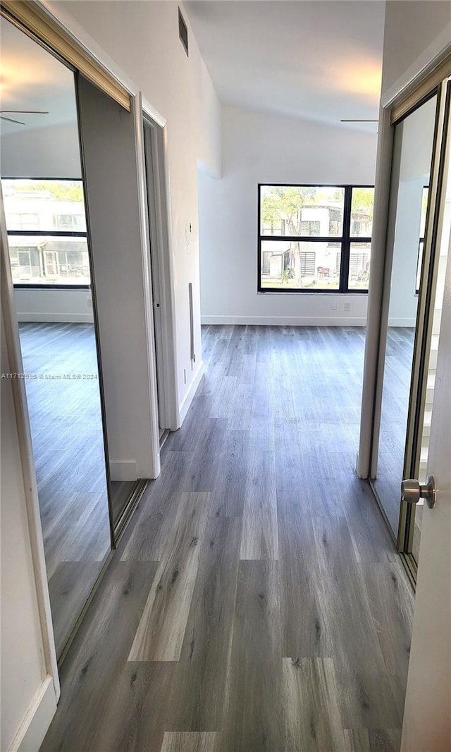 hall with a healthy amount of sunlight, dark hardwood / wood-style flooring, and lofted ceiling