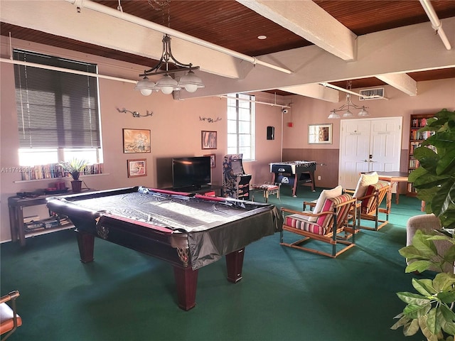 rec room featuring carpet flooring, beamed ceiling, wood ceiling, and billiards