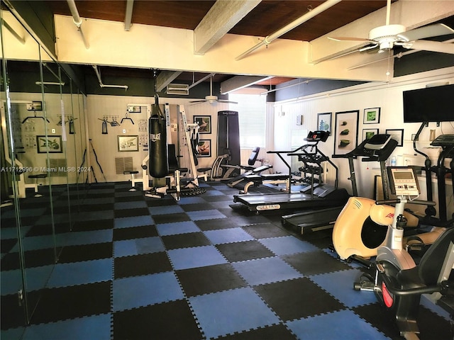 gym featuring ceiling fan