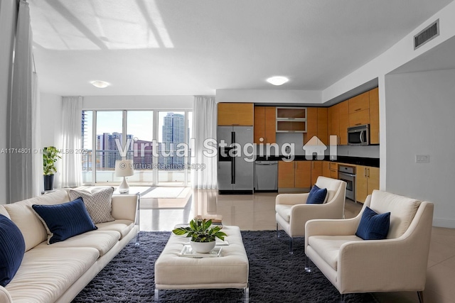 60 SW 13th St Unit 1700, Miami, FL 33130 - living room featuring a view of city and light tile patterned floors