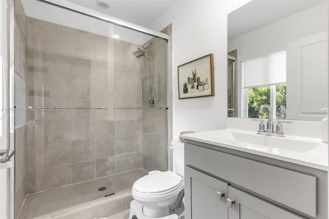 full bathroom featuring toilet, a stall shower, and vanity