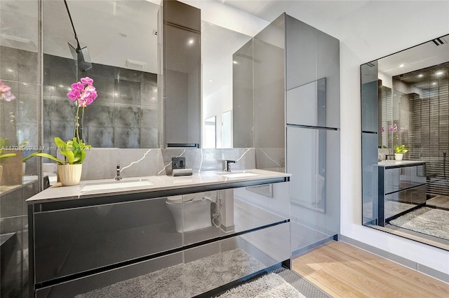 bathroom featuring backsplash, vanity, and hardwood / wood-style flooring