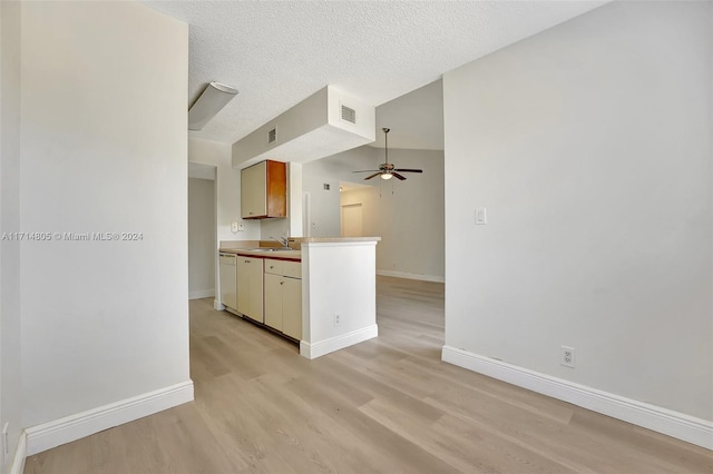 kitchen with ceiling fan, sink, white dishwasher, light hardwood / wood-style floors, and a textured ceiling