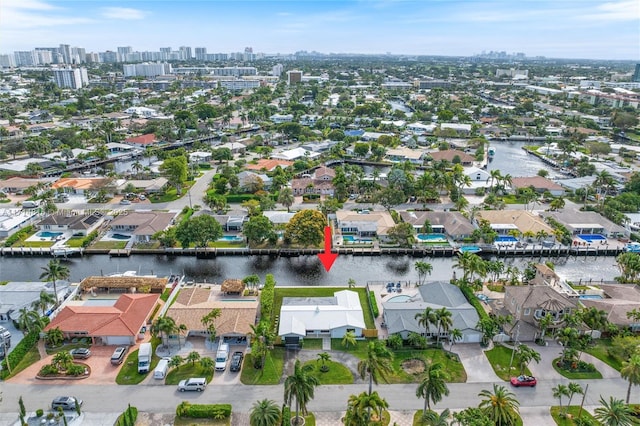 drone / aerial view featuring a water view