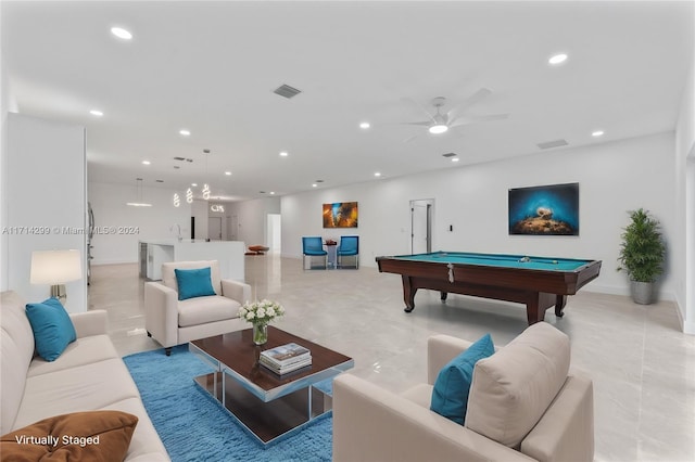 playroom with ceiling fan and pool table