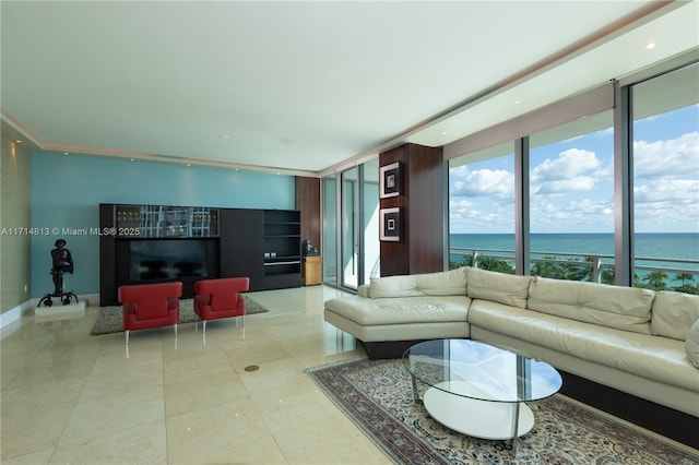 living room featuring a water view, light tile patterned flooring, and baseboards