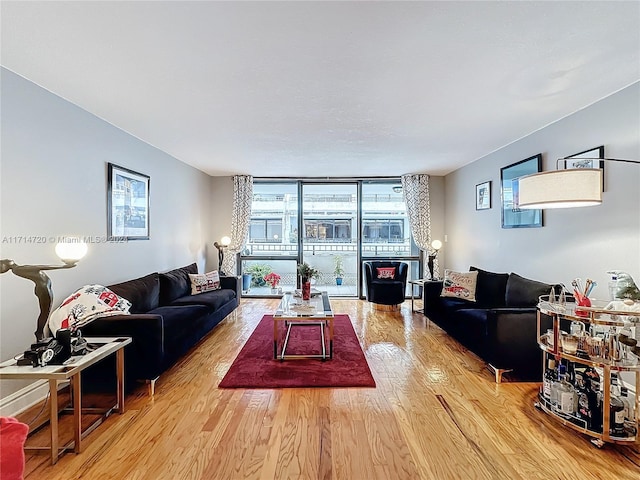 living room with light hardwood / wood-style flooring and floor to ceiling windows