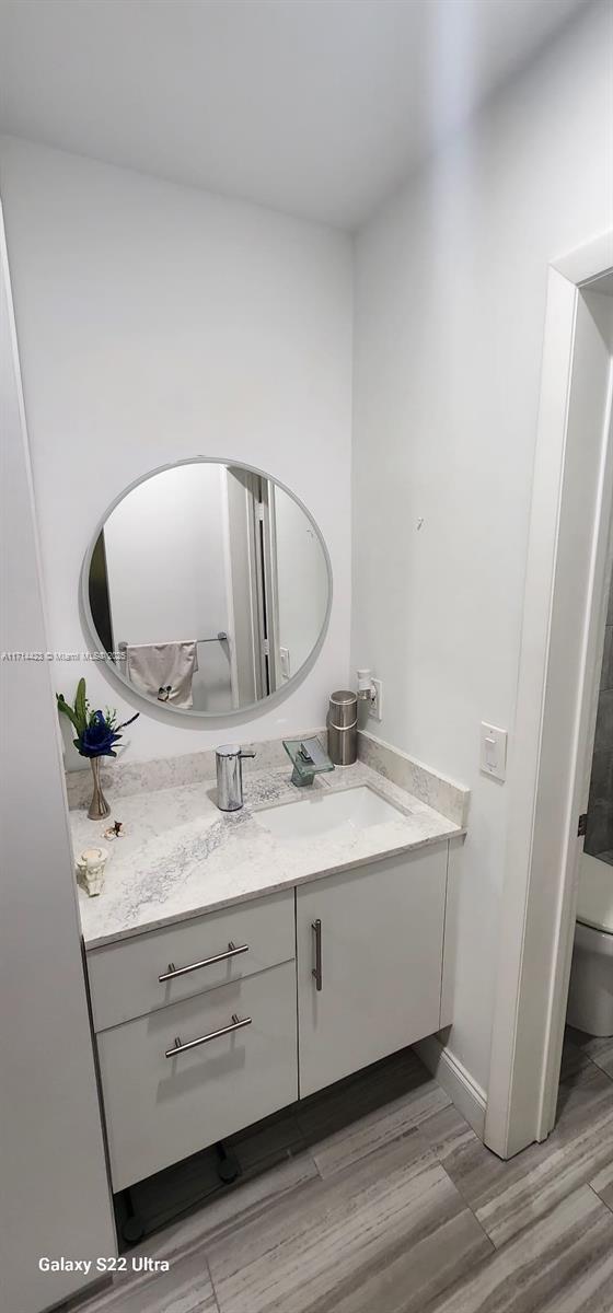 bathroom with vanity, wood-type flooring, and toilet