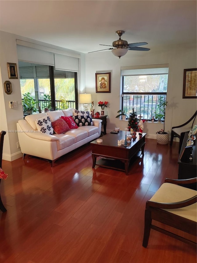 living room featuring ceiling fan and dark hardwood / wood-style flooring