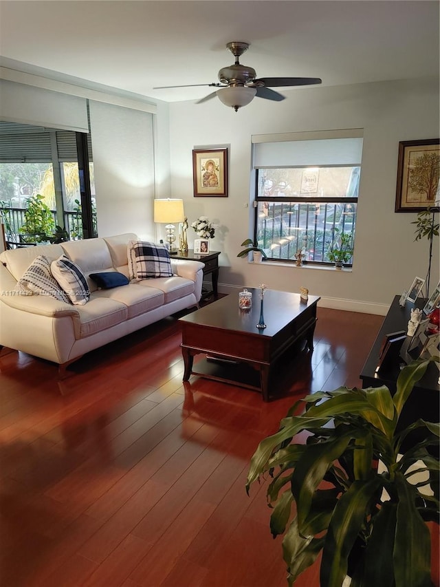 living room featuring ceiling fan and hardwood / wood-style floors