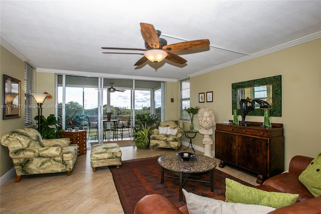 living room featuring ceiling fan, floor to ceiling windows, light tile patterned flooring, and ornamental molding