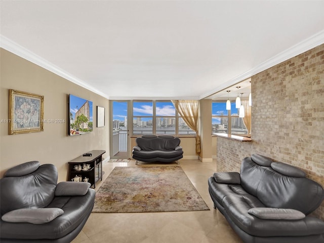 living room featuring ornamental molding and brick wall