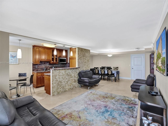 living room with ornamental molding and sink