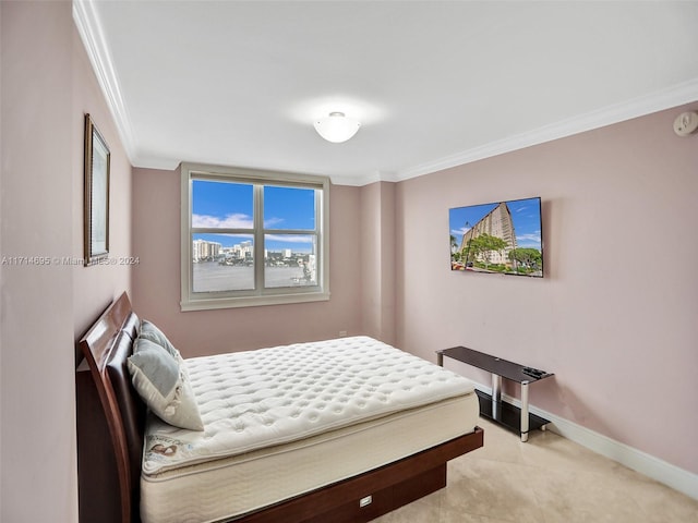 tiled bedroom featuring crown molding