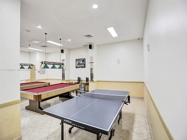 game room with light tile patterned flooring and pool table