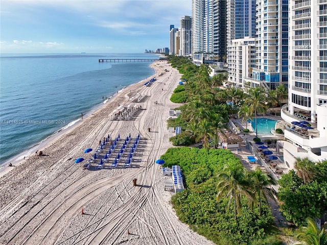 drone / aerial view featuring a water view and a beach view