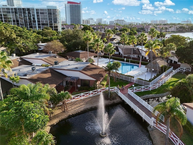 drone / aerial view featuring a water view