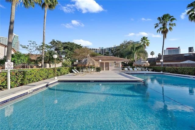 view of swimming pool with a patio