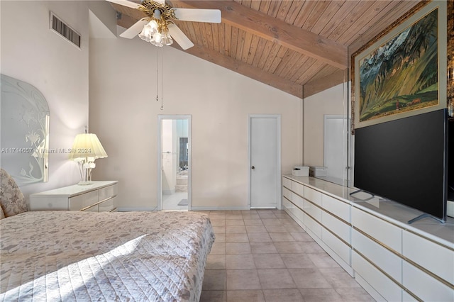 bedroom featuring beam ceiling, ceiling fan, high vaulted ceiling, ensuite bathroom, and wood ceiling