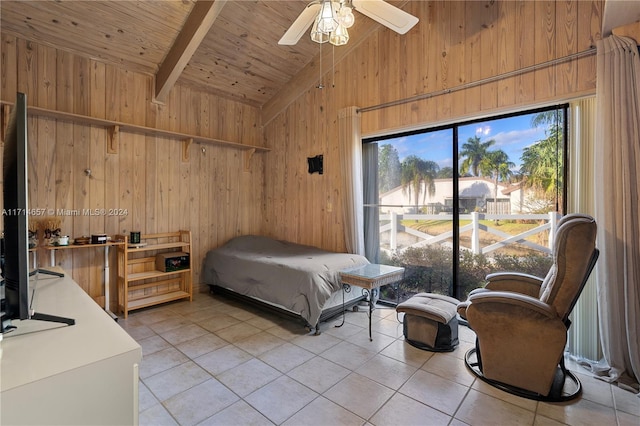 bedroom featuring beamed ceiling, wood ceiling, tile patterned floors, and wooden walls