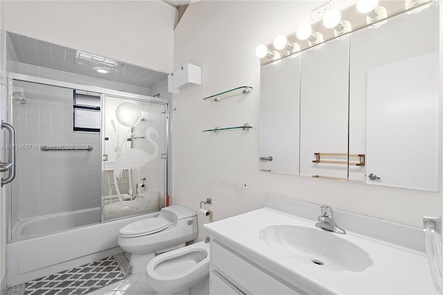 full bathroom with tile patterned flooring, a bidet, bath / shower combo with glass door, toilet, and vanity