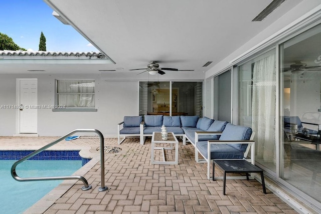 view of patio / terrace with ceiling fan and an outdoor hangout area