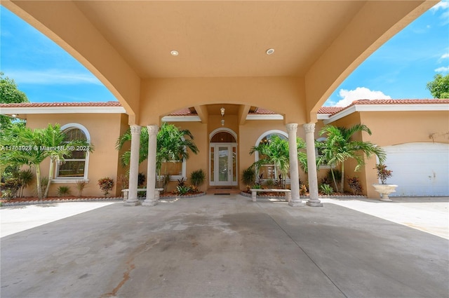 view of patio with a garage