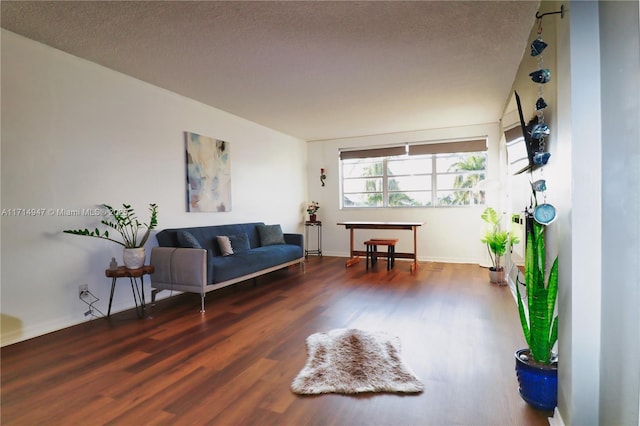 living area featuring a textured ceiling and dark wood-type flooring