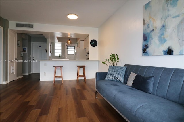 living room with dark hardwood / wood-style floors