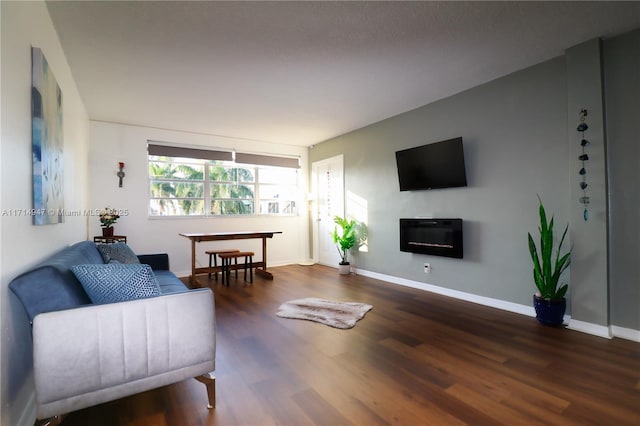 living room with dark wood-type flooring