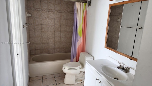 full bathroom featuring vanity, tile patterned floors, shower / bath combination with curtain, and toilet