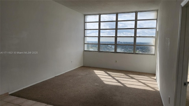 unfurnished room with a water view and light colored carpet