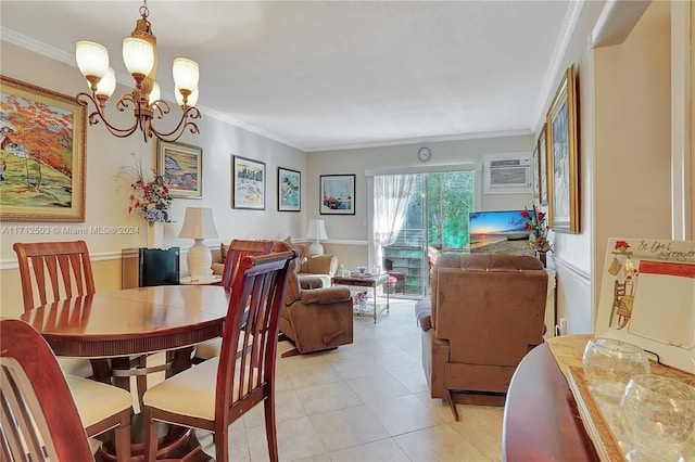 dining room with a wall mounted air conditioner, ornamental molding, light tile patterned floors, and a notable chandelier