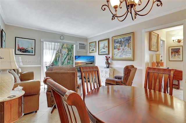 dining space featuring a wall unit AC, crown molding, light tile patterned flooring, and an inviting chandelier