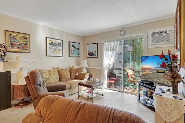 tiled living room featuring a wall mounted AC and crown molding