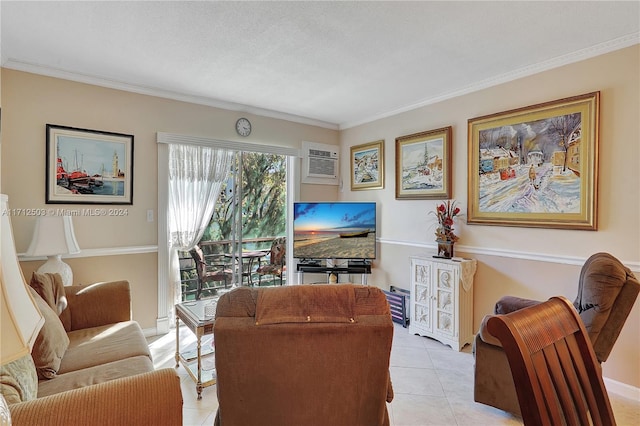 living room featuring a wall mounted air conditioner, light tile patterned floors, ornamental molding, and a textured ceiling