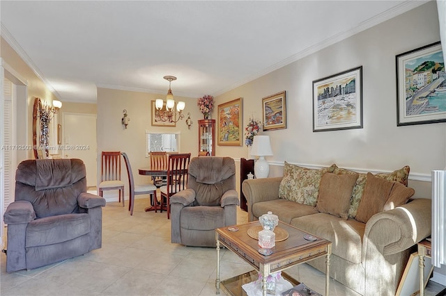 tiled living room with an inviting chandelier and crown molding