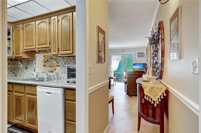 16750 NE 14th Ave Unit 212, Miami, FL 33162 - bar area with white dishwasher, tasteful backsplash, light tile patterned floors, crown molding, and a wall mounted air conditioner