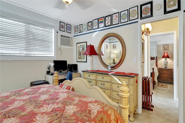 tiled bedroom featuring an AC wall unit and ceiling fan