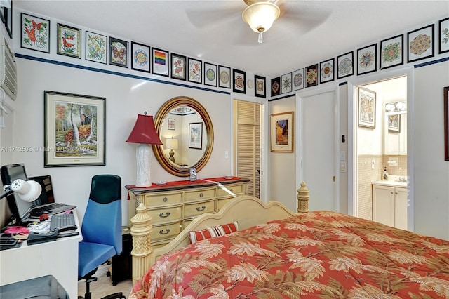 bedroom with connected bathroom and ceiling fan