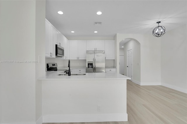 kitchen featuring white cabinetry, sink, stainless steel appliances, kitchen peninsula, and pendant lighting