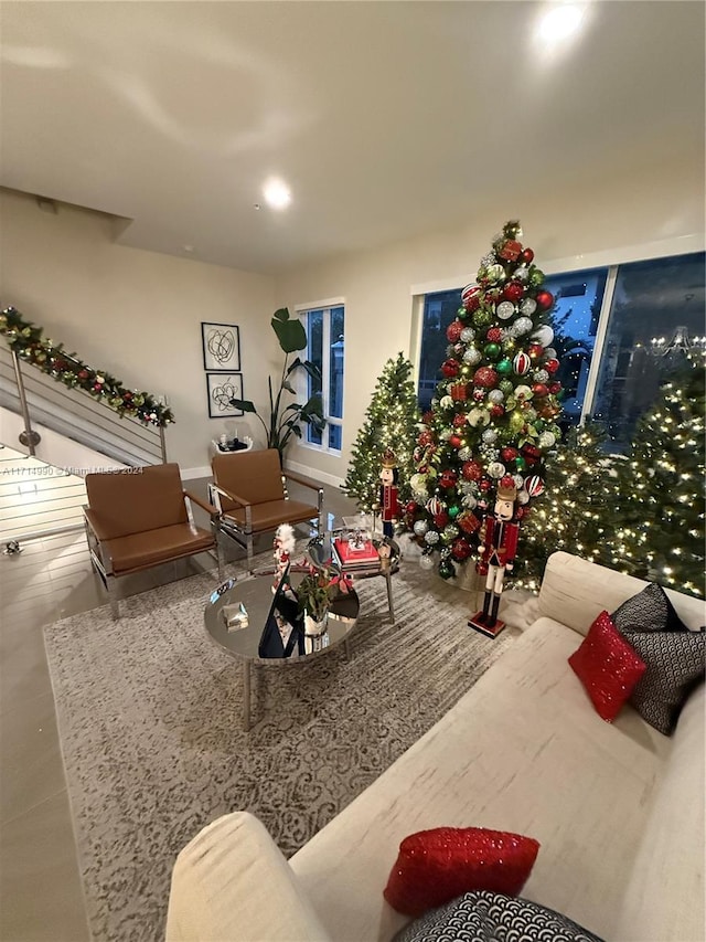 living room with tile patterned floors